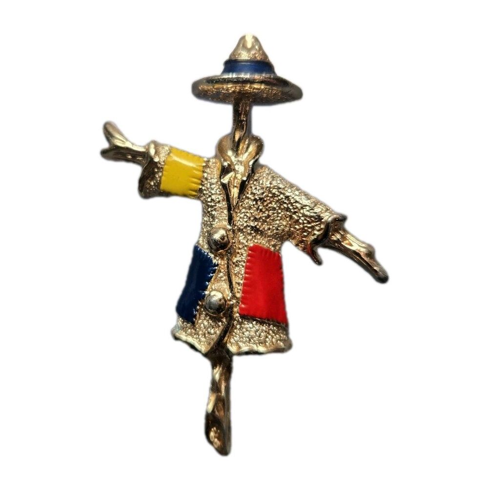 Scarecrow Red Yellow Black Enamel SARAH COVENTRY Vintage Gold Brooch V-6486*